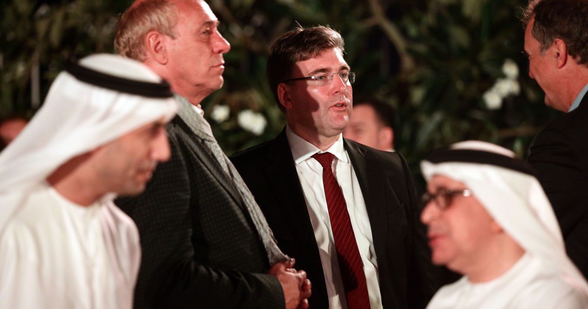 Axel Hellmann und Peter Fischer beim Empfang der BHF-Bank in Abu Dhabi.