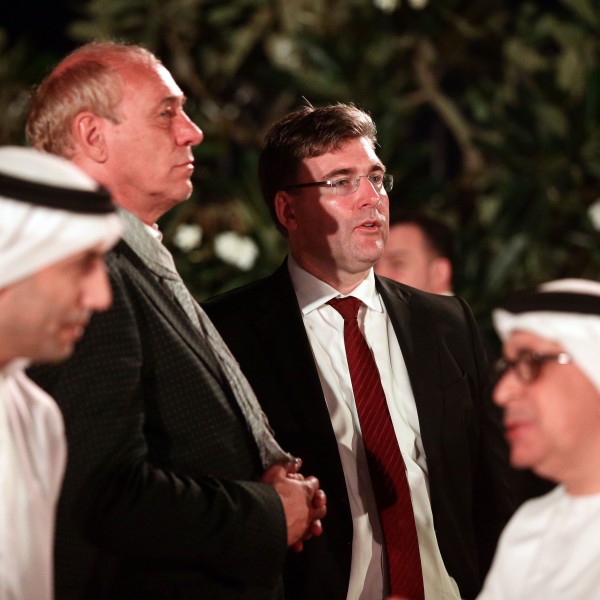 Axel Hellmann und Peter Fischer beim Empfang der BHF-Bank in Abu Dhabi.