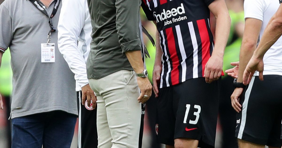 Eintracht-Trainer Adi Hütter mit Matchwinner Martin Hinteregger nach der Partie.