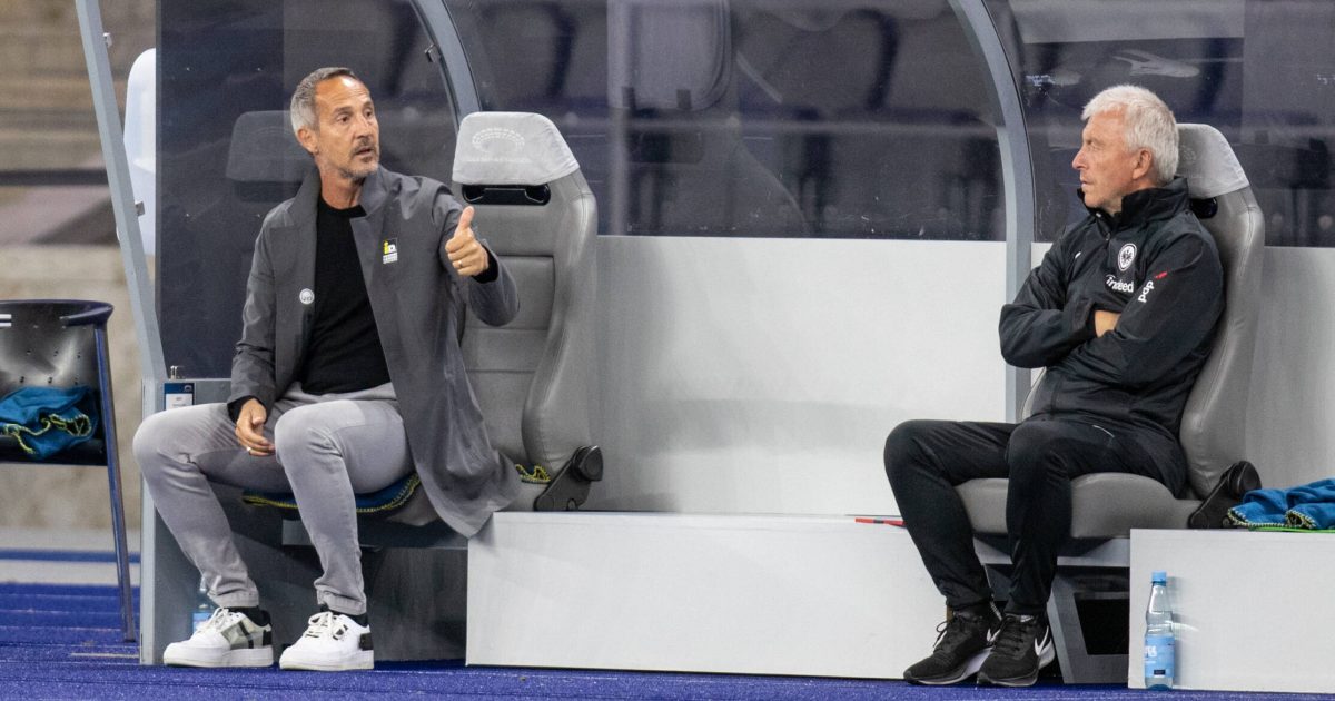  Verlängerten zusammen mit Assistent Christian Peintinger der Vertrag bei der Eintracht: Cheftrainer Adi Hütter (li.) und Co-Trainer Armin Reutershahn (re.). (Bild: imago images / Andreas Gora)