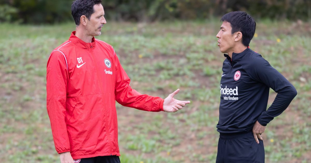  Lassen sich, jedenfalls nach außen, vom Muani-Wirbel nicht beeindrucken: Dino Toppmöller und Makoto Hasebe. (Foto: IMAGO / Kessler-Sportfotografie)
